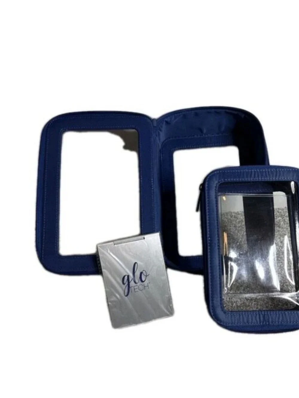 GloTech 3-Piece Navy Blue Cosmetic Travel Bag Set with Handle Compact Mirror New
